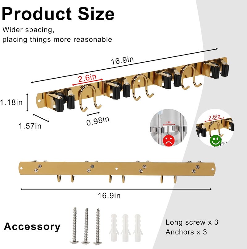 GUUKAR Mop Broom Holder Wall Mount, Gold Stainless Steel Tool Storage Organizer for Kitchen Garden Garage Laundry Room Bathroom and RV with 4 Slots 6 Hooks - Image 3